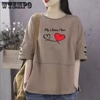 Loves Print Pattern Свободная футболка Хлопковый материал Женский топ с короткими рукавами и круглым вырезом Ретро Литературный стиль Простой повседневный Harajuku Для поездок на работу Лето M зелёный