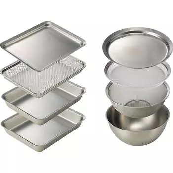 Lovese Tsubame Sanjo Нержавеющая сталь Тарелка-миска Круглый дуршлаг Мелкий дуршлаг Квадратная квадратная тарелка из нержавеющей стали Всего 8 предметов Набор Сделано в серебряный
