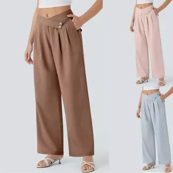 Low Button Zipper Pocket Wide Leg Casual Pants M синий
