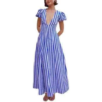 Low-cut V-neck Fashion Striped Puffy Sleeve Dress S синий