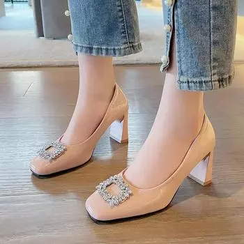 Low Heel Rhinestone Sandals Women Shoes 2024 New Summer Fashion Square Headed Heels Shoes for Women Sandalias De Mujer 35 чёрный