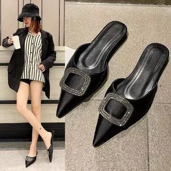 Low-heeled half-slippers women s 2024 summer new versatile fashion outer thick heel pointed sandals rhinestone bag head sandals 35