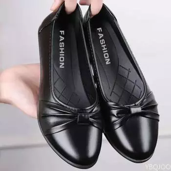 Low heeled light mom Shoes Waterproof Bow Flats Soft soled comfort Women s shoe Casual non slip leather shoes Zapatos Mujer 40 чёрный