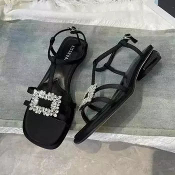 Low-heeled niche rhinestone square-toed sandals female new summer fairy with skirt shoes 35