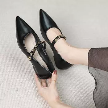 Low-heeled pointed toe with single shoes women s shoes spring and autumn new flat-bottomed French spring and autumn Mary Jane women s shoes 6222-5 35 чёрный