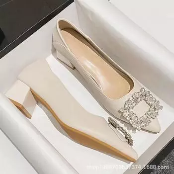 Low-heeled rhinestone single shoes women s spring 2024 new temperament pointed flat bottom comfortable black work women s shoes 35 чёрный