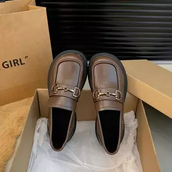 Low-heeled small leather shoes women s 2024 new one-pedal lazy versatile soft-soled black commuter loafers jk single shoes 35 коричневый