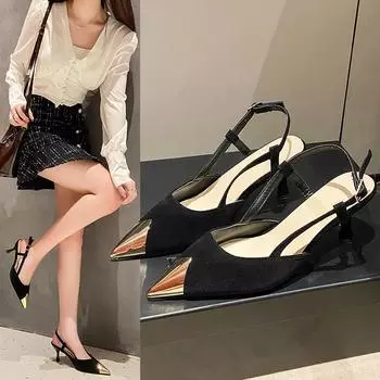 Low Sandals Woman Leather Female Shoe Buckle Summer Large Size High Heels Low-heeled Girls Comfort Fashion Pointed Strap Ne 35 чёрный