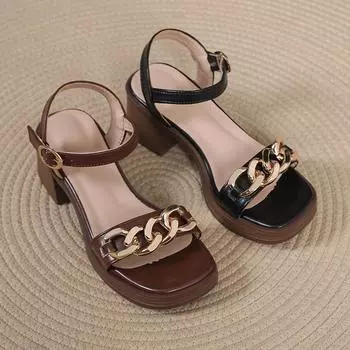 Low Sandals Woman Leather High Heels Shoes 2024 Summer Open Toe Buckle Strap Suit Female Beige Low-heeled Retro High-heeled New 34 чёрный