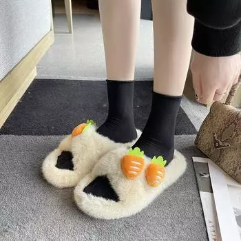 Low Slippers Casual Shoes Woman 2024 Rubber Flip Flops Lady Flock Platform Raccoon Fur Slides Luxury Hawaiian Girl Flat Plush 35 чёрный