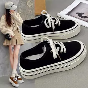 Low Top Lace Up Autumn Women Shoes 2024 New Fashionable and Simple Women s Canvas Sneakers Casual and Versatile Platform Shoes 35 чёрный