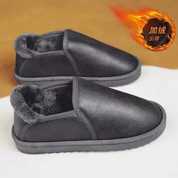 Low-top snow boots men s winter velvet thickened indoor and outdoor leather warm bread shoes non-slip cotton shoes 38 чёрный