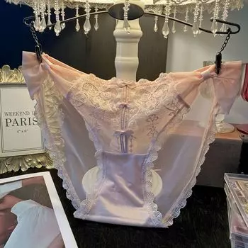 Трусики-треугольники с низкой посадкой, с бантом и полым кружевом для девочек, дышащее быстросохнущее сексуальное полупрозрачное сетчатое нижнее белье One Size