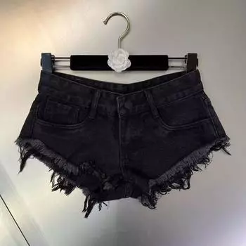 Low Waist Distressed Sexy Wind Street Ultra Short Denim Black XL