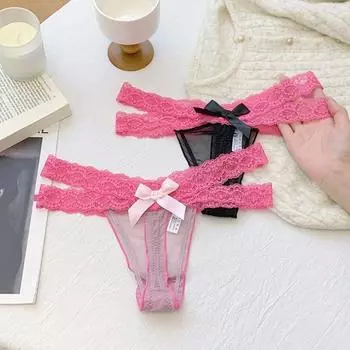 Low Waist Lace Mesh Thongs Cotton Crotch See Through Briefs Breathable Underwear for Women Women L