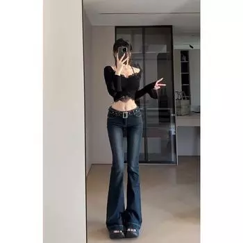 Low Waist Silm Tall Long Slightly Flared Jeans Dark blue extension L