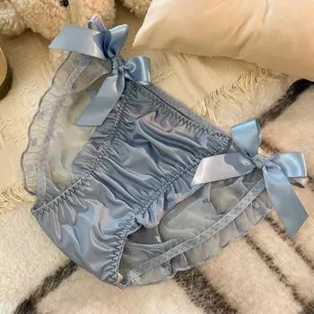 Low Waist Women s Lace Mesh Bowknot Panties Transparent Mesh Ruffle Satin Silk Bow Briefs Ladies L
