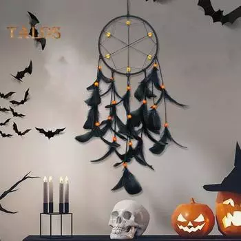 Ловец снов из черного пера на Хэллоуин для домашнего офиса, гостиной, спальни, настенное искусство, подвесное украшение ручной работы из перьев, украшение, подвеска чёрный