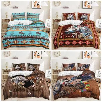 Ловец снов Перо Лошади Мандала Богемный Полосатый Пододеяльник Doona Набор пододеяльников Single 135x200cm