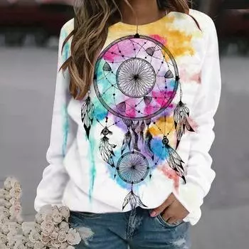 Ловец снов Ретро 3D Принт Толстовки Женская мода Повседневная толстовка с длинным рукавом Y2k Уличная одежда Пуловеры Топы Женская одежда S