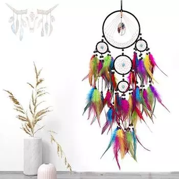 Ловец снов с красочными перьями, исцеляющий искусственный кристаллический камень, удача, настенный орнамент ручной работы, украшение для спальни разноцветный