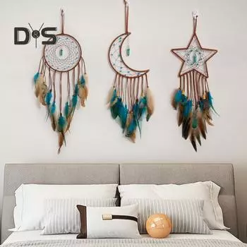 Ловец снов с перьями, настенный ловец снов со звездой, солнцем, луной и светодиодными лампами, ловец снов ручной работы с подсветкой для гостиной, спальни A