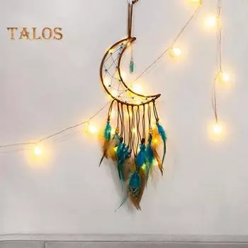 Ловец снов с перьями, настенный ловец снов со звездой, солнцем, луной и светодиодными лампами, ловец снов ручной работы с подсветкой для гостиной, спальни A