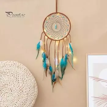 Ловец снов с перьями, настенный ловец снов со звездой, солнцем, луной и светодиодными лампами, ловец снов ручной работы с подсветкой для гостиной, спальни B