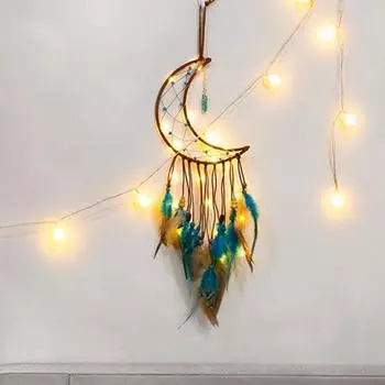 Ловец снов с перьями Настенный ловец снов со звездой, солнцем и луной со светодиодом A