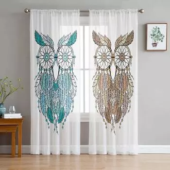 Ловец снов с перьями совы, милый мультяшный Тюль, оконная занавеска для гостиной, современная прозрачная занавеска для спальни, кухни, шторы 135W x 114H(cm)