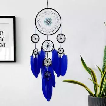 Ловец снов с перьями в виде глаз дьявола для домашнего офиса, гостиной, спальни, настенное искусство, ручная работа, подвесной ловец снов, украшение, кулон синий