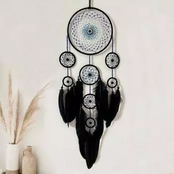Ловец снов с перьями в виде дьявольского глаза для домашнего офиса, гостиной, спальни, настенное искусство, ручная работа синий