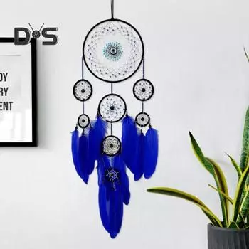 Ловец снов с перьями в виде глаз дьявола для домашнего офиса, гостиной, спальни, настенное искусство, ручная работа, подвесной ловец снов, украшение, кулон синий