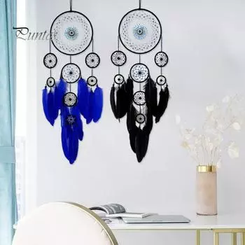Ловец снов с перьями в виде глаз дьявола для домашнего офиса, гостиной, спальни, настенное искусство, ручная работа, подвесной ловец снов, украшение, кулон синий