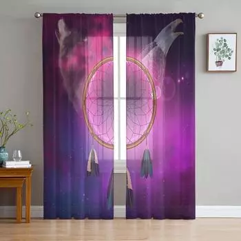 Ловец снов Волк Орел Фиолетовый Тюль Прозрачные Шторы Для Гостиной Кухни Детской Спальни Вуаль Подвесные Шторы W135 x H114cm