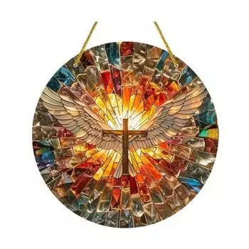 Ловец солнца «Крыло ангела», подвесное украшение, витражное 2D плоское акриловое стекло, подвеска на окно/стену, круглая табличка, христианский религиозный подарок разноцветный
