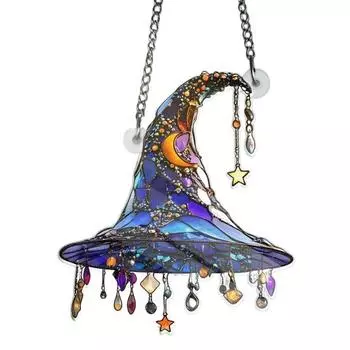 Ловец солнца Шляпа ведьмы 2D акриловый Хэллоуинская декорация в стиле витража Подвесное украшение Шляпа ведьмы для окна стены двери фиолетовый