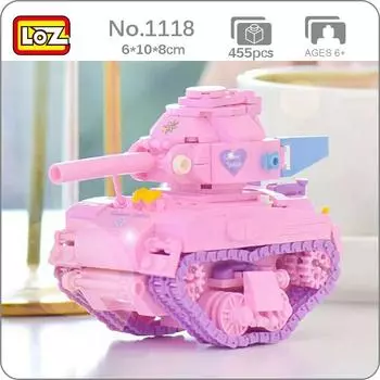 LOZ 1118 армейский военный розовый танк с сердечным приступом, королева автомобиля, 3D модель DIY, мини-блоки, кирпичи, строительная игрушка без коробки