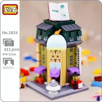 LOZ 1624, городская улица, книжный магазин, книжный магазин, библиотека, архитектура, 3D модель, мини-блоки, кирпичи, строительные игрушки без коробки