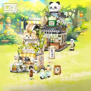 Loz Bear Кофейня Панда Чайный домик Чайный домик Складной вид на улицу Национальная мода Строительные блоки из мелких частиц БЕЗ КОРОБКИ