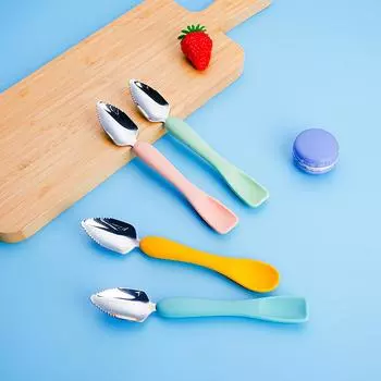 Ложка для фруктов из нержавеющей стали с силиконовой ручкой для автоматической подачи и безопасного мытья в посудомоечной машине синий