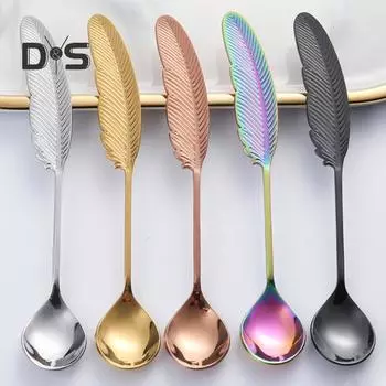 Ложка для кофе из нержавеющей стали, креативная ручка в форме пера, 304, ложка для смешивания чая, десерта серебряный