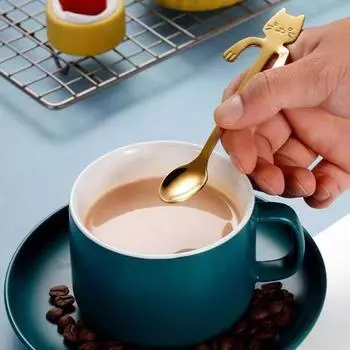Ложка для кофе в форме кошки, чайная ложка из нержавеющей стали, подвесная чашка, чайная ложка для смешивания напитков, милая ложка для молочного коктейля в форме кошки, подарок любителю кофе серебряный