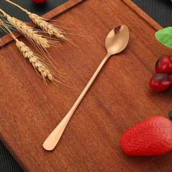 Ложка для льда из нержавеющей стали с длинной ручкой, кофейные ложки, столовые приборы (Розовое золото)