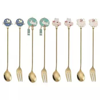 Ложка для перемешивания из нержавеющей стали 304, вилка, позолоченная кофейная десертная ложка с котом звездного неба