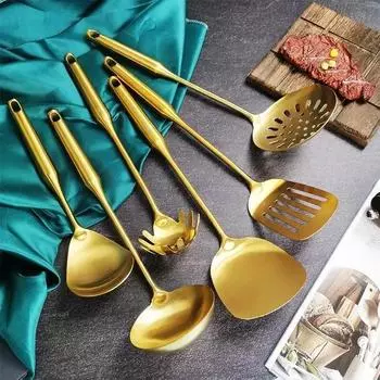 Ложка для риса из нержавеющей стали, дуршлаг, лопатка для жарки, золотая длинная ручка с антипригарным покрытием, наборы кухонных гаджетов для ресторана