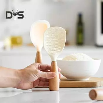 Ложка для риса, противоожоговая лопатка для риса с деревянной ручкой, антипригарная силиконовая лопатка для риса для домашней кухни серый