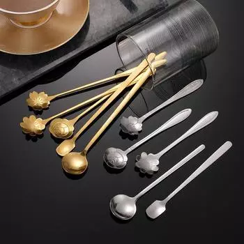 Ложка для смешивания чая и кофе из нержавеющей стали Sakura Rose Golden Tableware Long Handle Cutter Mug Spoons Kitchen Cutlery Accessories