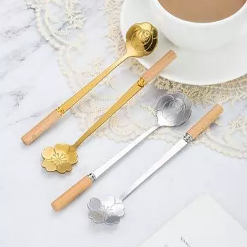 Ложка для смешивания с длинной ручкой, нержавеющая сталь, вишневый цвет, роза, десертная ложка для меда, чая, кофе, кухонная ложка Cherry Blossom золотистый