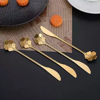 Ложка из нержавеющей стали, нож для цветения вишни, 2-в-1, фруктовый нож, длинная ручка, кофейная ложка, ручная десертная ложка 1pcs